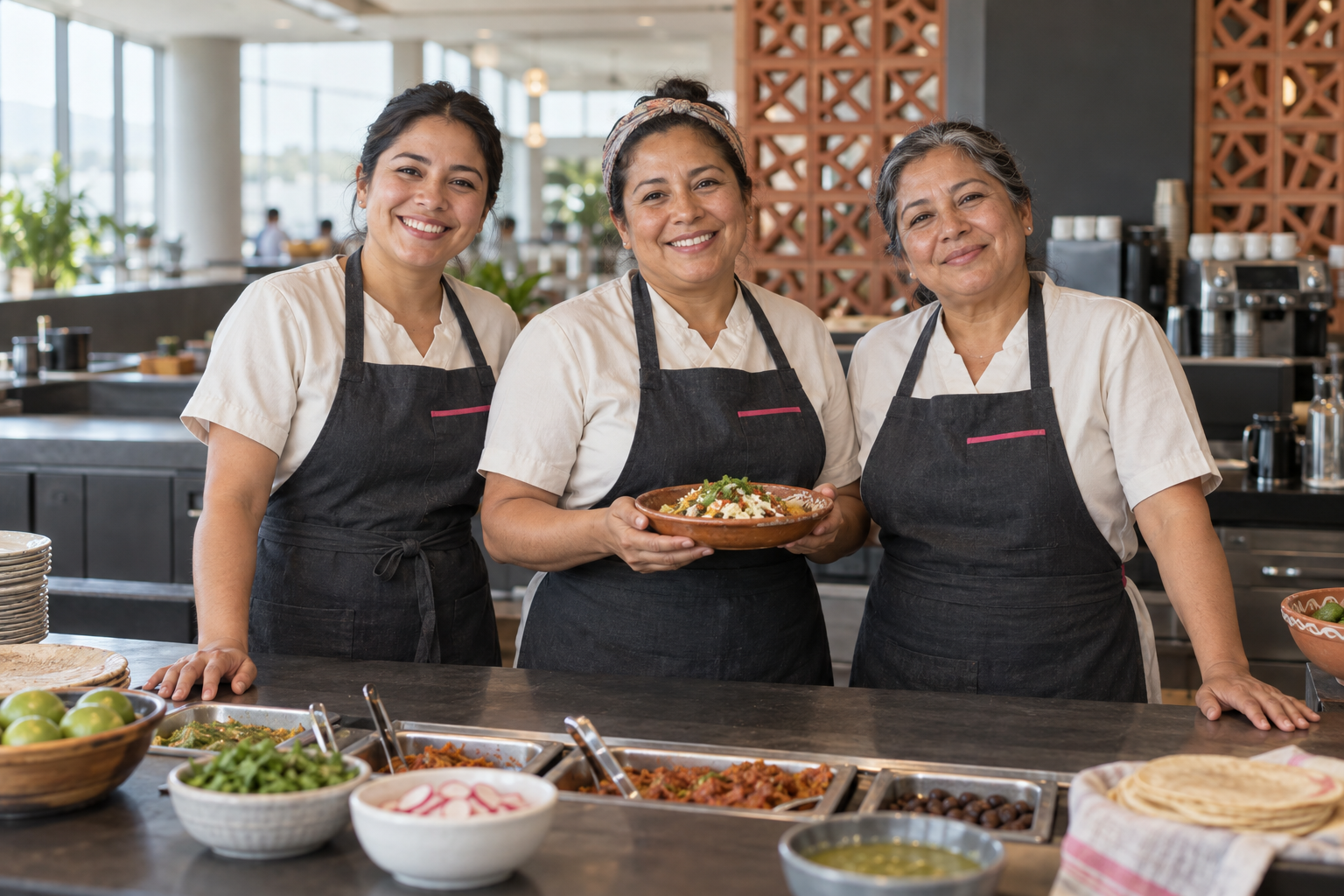 Tres anfitrionas sonriendo detrás de un mostrador.