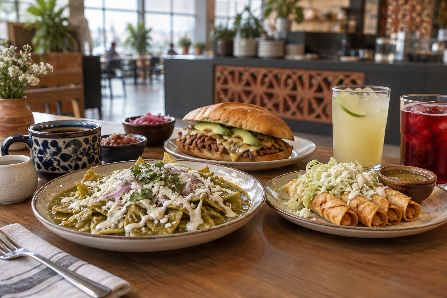 Mesa con chilaquiles, flautas, una torta y bebidas.