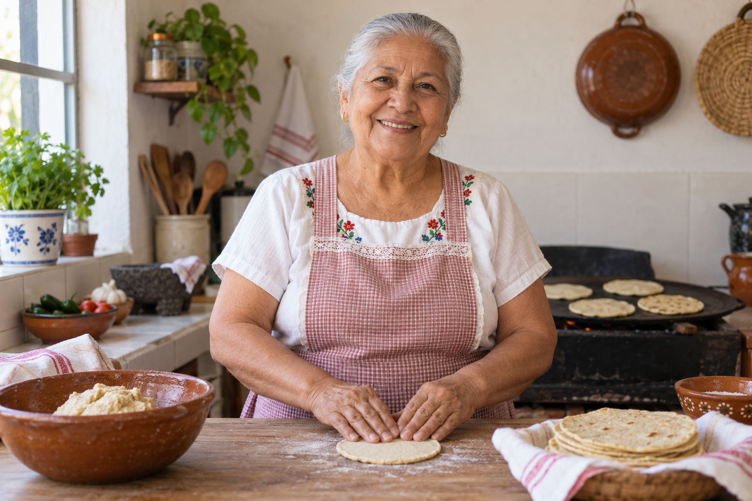 Abuelita mexicana con delantal, sonriendo junto a un comal con tortillas.